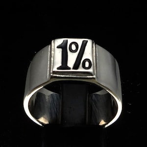 Sterling silver Biker ring One Percent symbol in Black enamel on square high polished 925 silver men&#39;s ring