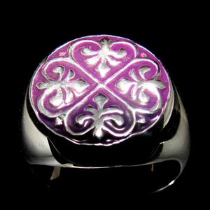 Sterling silver ring Fleur de Lis French Lily Flowers medieval symbol with Purple enamel high polished 925 silver