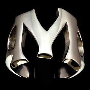 Anillo unisex de plata de ley con inicial M y letra del alfabeto, pulido en plata 925.