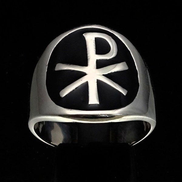 Anello simbolo in argento sterling Chi Ro XP Christian Warrior Cross con argento 925 lucido smaltato nero