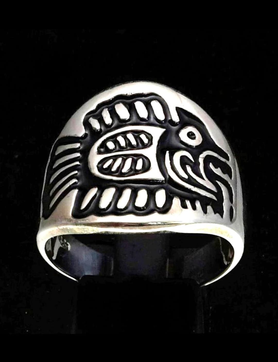 Aztec Runes Fish Sterling Silver Aztec Fish Ring: Hieroglyph Symbol in Black Enamel ...