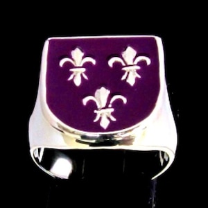 Sterling silver ring Fleur de Lis Royal coat of arms France 3 French Lily Flowers on Purple enamel 925 silver men&#39;s ring