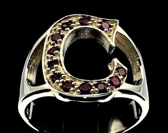 Sterling Silver Initial C Ring with 12 Red CZ Stones high polished