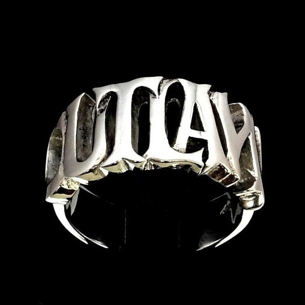 Sterling silver word ring Outlaw bold letters one word high polished 925 silver unisex ring