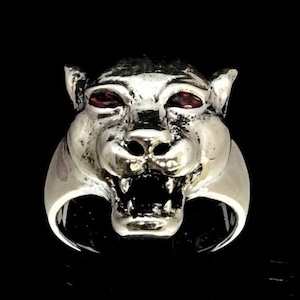 Sterling silver Animal ring Puma Big Cat Cougar with Two Fiery Red CZ Eyes high polished and antiqued 925 silver