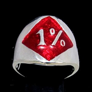 Sterling silver Biker ring One Percent symbol on Red enamel diamond shape high polished 925 silver men&#39;s ring
