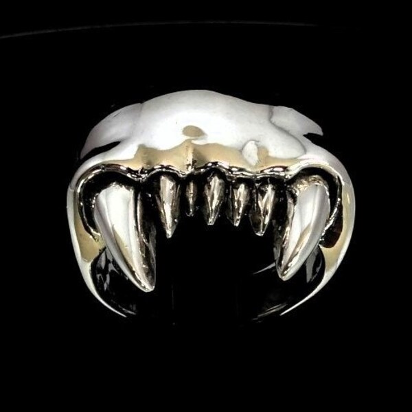 Sterling silver ring Vampire Fang Mouth Big Teeth Horror Demon high polished and antiqued 925 silver