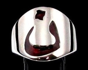 Sterling silver initial ring Arabic letter Nun Nuun Nonou Thaana symbol with Red enamel high polished 925 silver