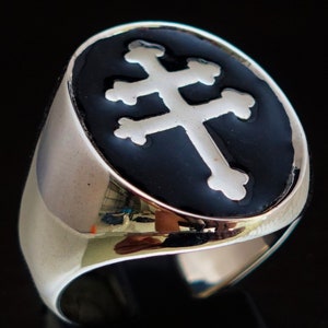 Sterling silver ring Lorraine Cross of Anjou France Heraldic symbol with Black enamel high polished 925 silver