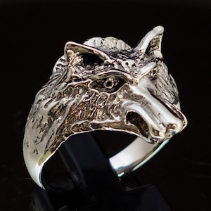 Sterling Silber Tier Ring Coyote Lobo kleiner Wolf hochglanzpoliert und antik 925 Silber Unisex Ring