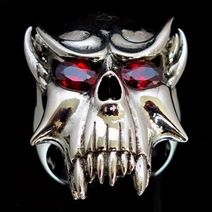 Sterling silver ring Horror Devil Ghost Skull Satan with 2 Fiery Red CZ Eyes high polished 925 silver men&#39;s ring