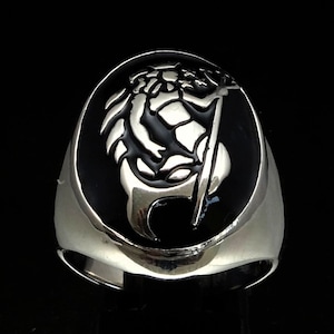 Sterling silver Aquarius Zodiac ring Star sign Neptune with Black enamel Oval on dome high polished 925 silver men&#39;s ring