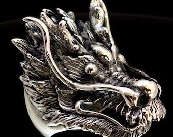 Sterling Silver Dragon Head Ring: Antiqued 925 Silver, Mythical Animal
