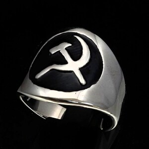 Sterling Silver Communist Symbol Ring Hammer and Sickle USSR With Black