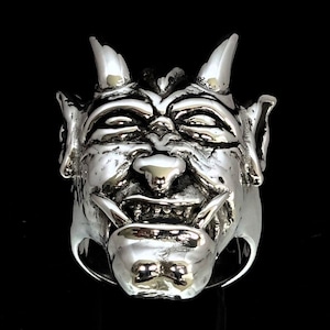 Sterling silver ring Noh theater Hannya mask Japan The Jealous Female Horned Devil high polished and antiqued 925 silver men&#39;s ring