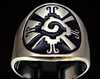 Sterling silver Mayan symbol ring Hunab Ku Galactic Butterfly Maya God with Black enamel high polished 925 silver