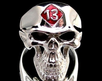 Sterling silver Biker ring Grinning Skull 13 symbol on Red enamel high polished 925 silver men's ring