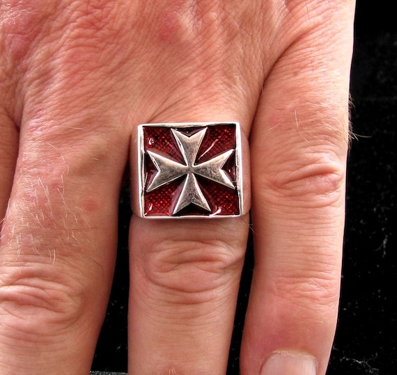 Sterling Silber Malteserkreuz Solid Ring Red Emaille ALLE GRÖSSEN SIGNET... 