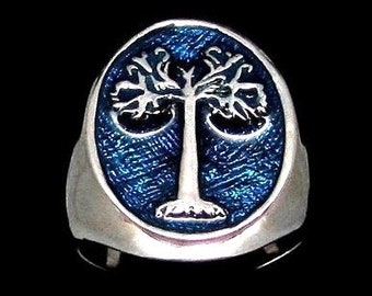 Oval Sterling silver ancient symbol ring Tree of Life with Blue enamel high polished 925 silver