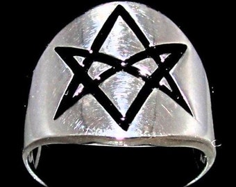 Sterling silver ring Unicursal Hexagram Aquarian Star ancient symbol in Black enamel high polished 925 silver