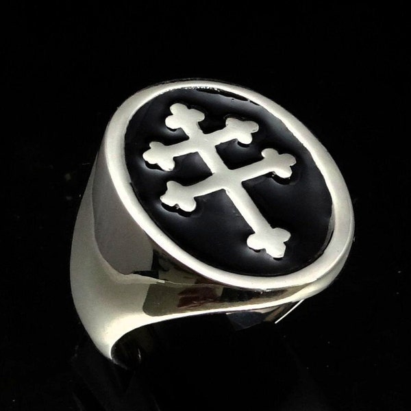 Sterling silver ring Lorraine Cross Anjou Heraldic symbol France with Black enamel high polished 925 silver