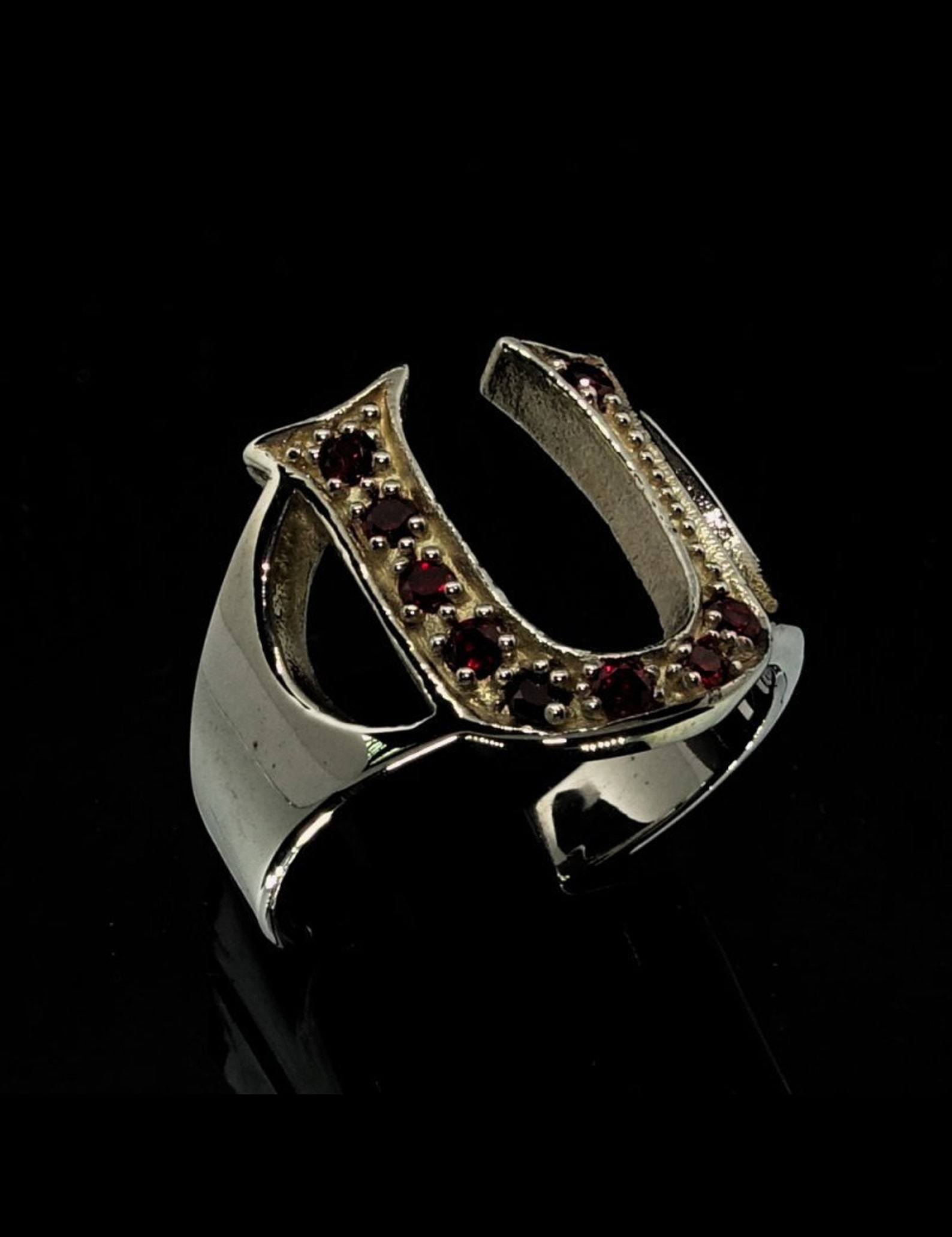 Sterling silver initial U ring with 9 Sparkling Red CZ stones | Etsy