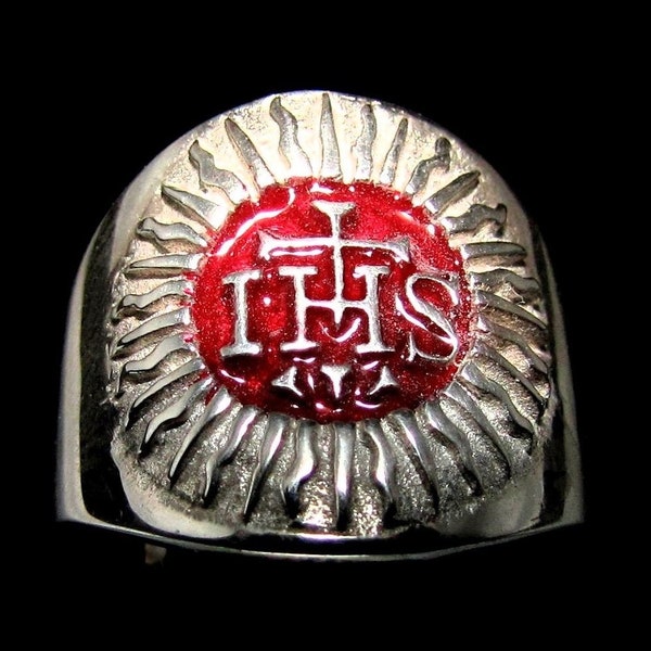 Anillo de plata de ley con símbolo religioso, monograma de Cristo IHS, cruz de tres clavos con esmalte rojo, plata 925 de alto pulido