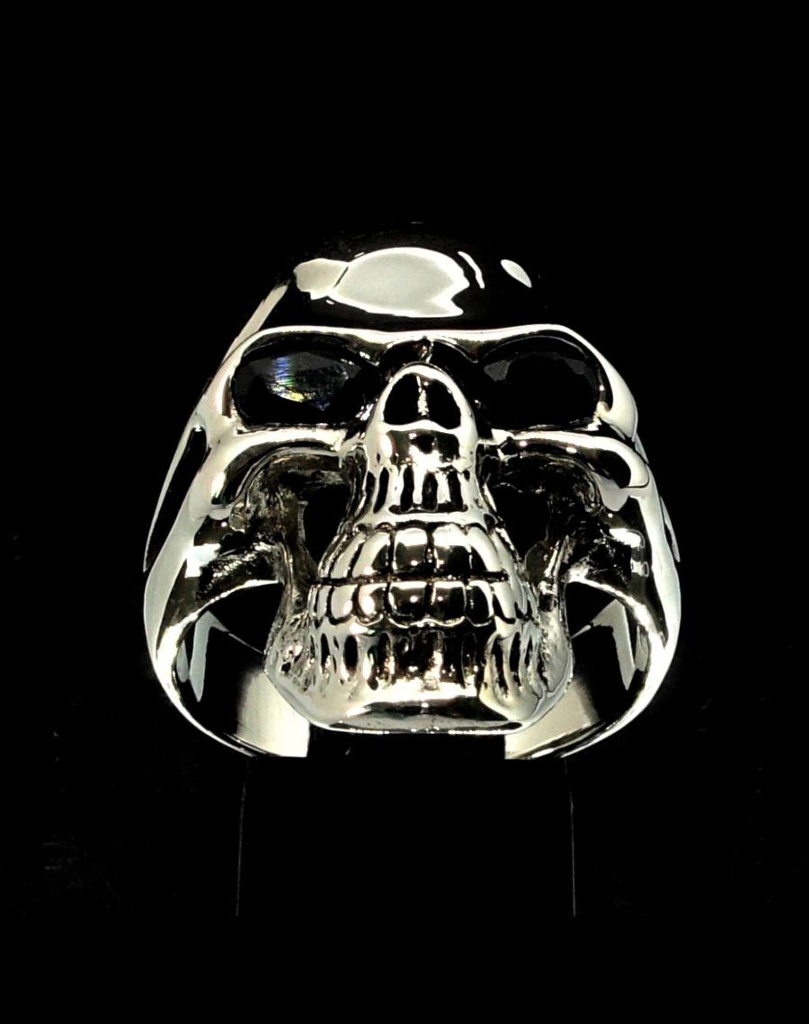 Sterling Silver Biker Ring Grinning Skull With 2 Blue Sapphire Etsy