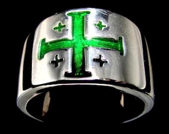Sterling Silver Jerusalem Cross Ring: Knights Templar Flag Medieval religious symbol in Green enamel