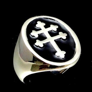 Sterling silver ring Lorraine Cross Anjou Heraldic symbol France with Black enamel high polished 925 silver