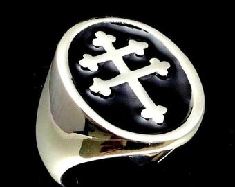 Sterling silver ring Lorraine Cross Anjou Heraldic symbol France with Black enamel high polished 925 silver