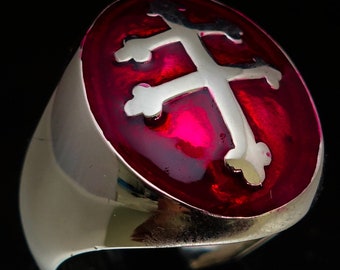 Sterling Silver Lorraine Cross Ring, Red Enamel Heraldic Jewelry