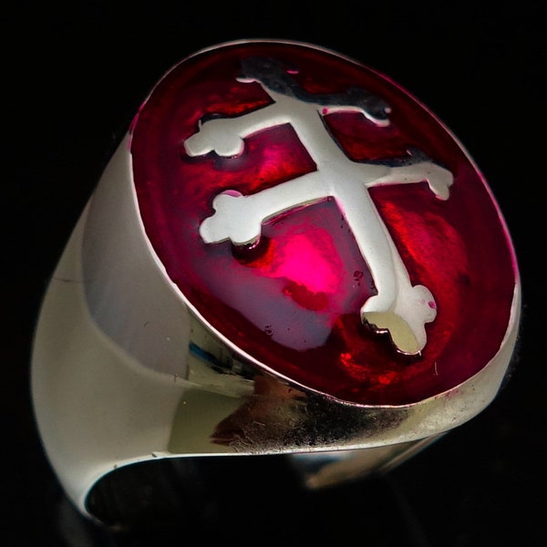 Sterling silver ring Lorraine Cross France Heraldic symbol on Red enamel dome high polished 925 silver