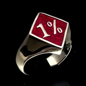 Sterling silver Biker ring One percent symbol diamond shape with Red enamel high polished 925 silver men&#39;s ring