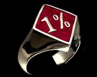 Sterling silver Biker ring One percent symbol diamond shape with Red enamel high polished 925 silver men&#39;s ring