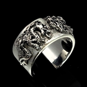 Sterling silver Band ring Two Asian Dragons Naga mythological animals high polished and antiqued 925 silver