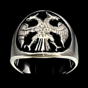 Sterling silver ring Twin Head Eagle coat of arms Russia with Black enamel high polished 925 silver