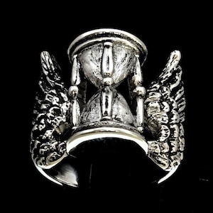 Anello in argento sterling Clessidra alata Simbolo massonico Passaggio eterno del tempo Anello in argento 925 anticato Opera d&#39;arte