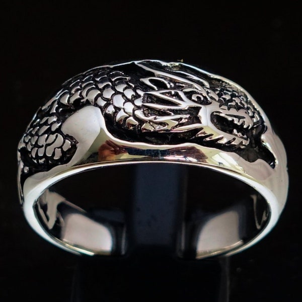 Sterling silver band ring Asian Snake China Naga Dragon high polished and antiqued 925 silver unisex ring