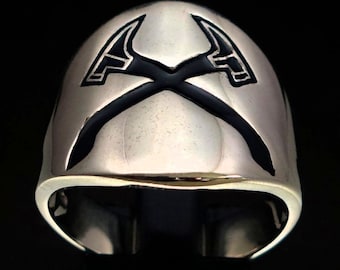 Sterling silver symbol ring Crossed Firefighter Axes in Black enamel high polished 925 silver