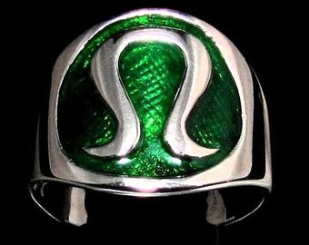 Sterlingzilveren ring Sumerische Omega oud symbool Ninhursag-godheid met groen geëmailleerde hooggepolijste 925-zilveren uniseks ring