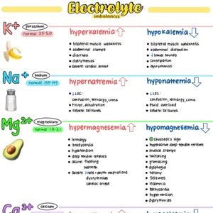 Puede incluir: Un gráfico colorido que ilustra los desequilibrios electrolíticos con imágenes de un plátano, un salero, un aguacate y un suplemento de calcio. El gráfico enumera los rangos normales para el potasio, el sodio, el magnesio y el calcio, así como los síntomas de la hiperkalemia, la hipokalemia, la hipernatremia, la hiponatremia, la hipermagnesemia, la hipomagnesemia, la hipercalcemia y la hipocalcemia.