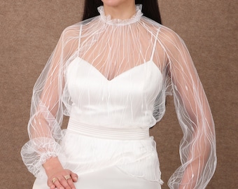 Embroidered Tulle Bridal Top - High Neck Ivory Blouse, Handmade