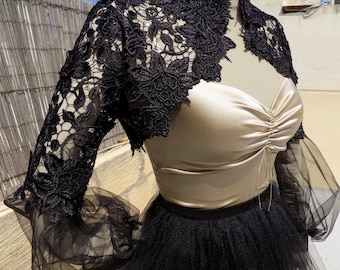 Alternative bridal bolero/Cover up bolero in black/ Custom made cover up/3d guipure lace bolero with sleeves in black