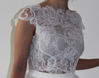 Wedding crop top/Ivory lace top/Alternative bridal crop top/Boat neckline bridal ivory lace crop top with cap sleeves OYA