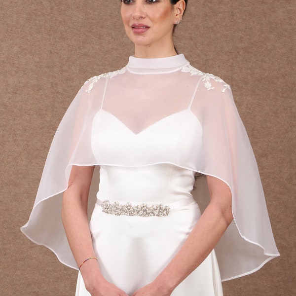 Cape nuptiale / Couverture de mariage / Cape d’organza de soie / Couverture d’ivoire / Cape d’organza de soie nuptiale avec cou haut