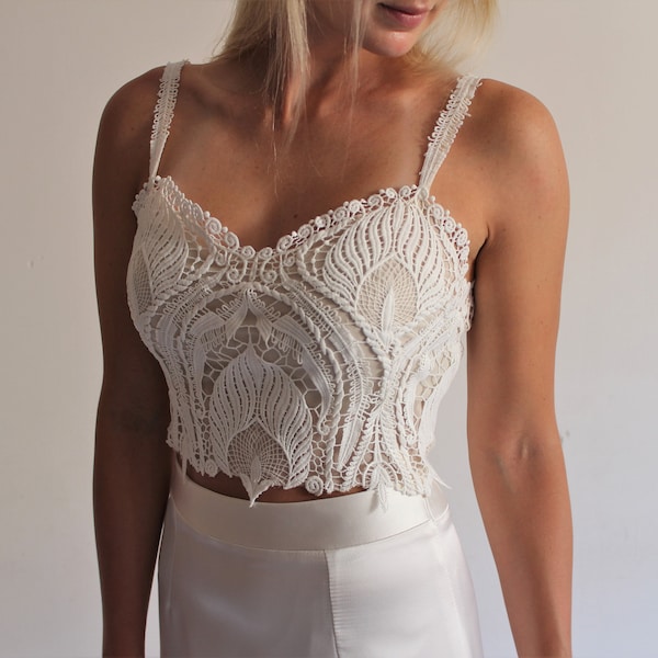 Braut Spitze Top/Hochzeits Crop Top/Ivory Spitze Top/Einfaches Braut Crop Top/Sweetheart Ausschnitt Braut Elfenbein Spitze Crop Top mit Trägern