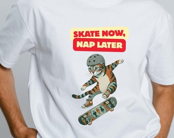 Camiseta divertida de gato, camiseta de papá de gato, patina ahora, duerme la siesta después, ilustración de perezoso en patineta, regalos,