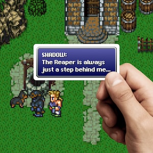 May include: A blue and white text box with the words "SHADOW: The Reaper is always just a step behind me..."  A video game character with blonde hair and a blue shirt is standing next to a black creature.