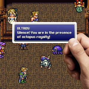 May include: A video game screen showing a character with a speech bubble that says "ULTR0S: Silence! You are in the presence of octopus royalty!" The character is surrounded by other characters and monsters.